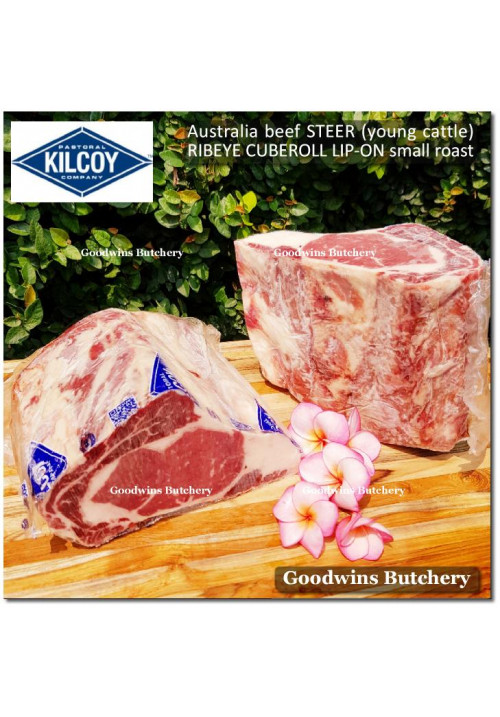 Beef Ribeye lip-on Scotch-Fillet Cube-Roll AGED BY PRODUCER 3 weeks STEER (young cattle) Australia KILCOY frozen ROAST 1/2 or 1/3 cuts +/- 1.8kg (price/kg)